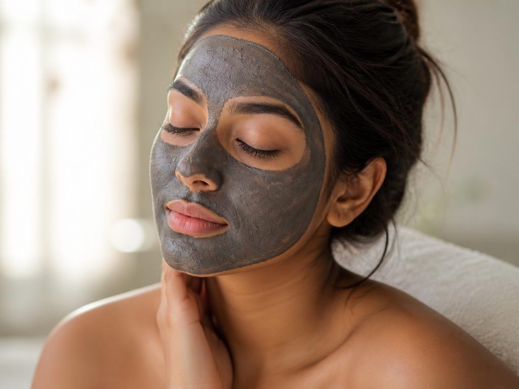 Charcoal detox clay mask drying on the face