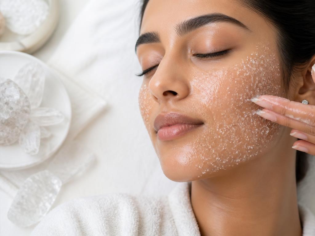 Fine crystalline exfoliating scrub on the cheek
