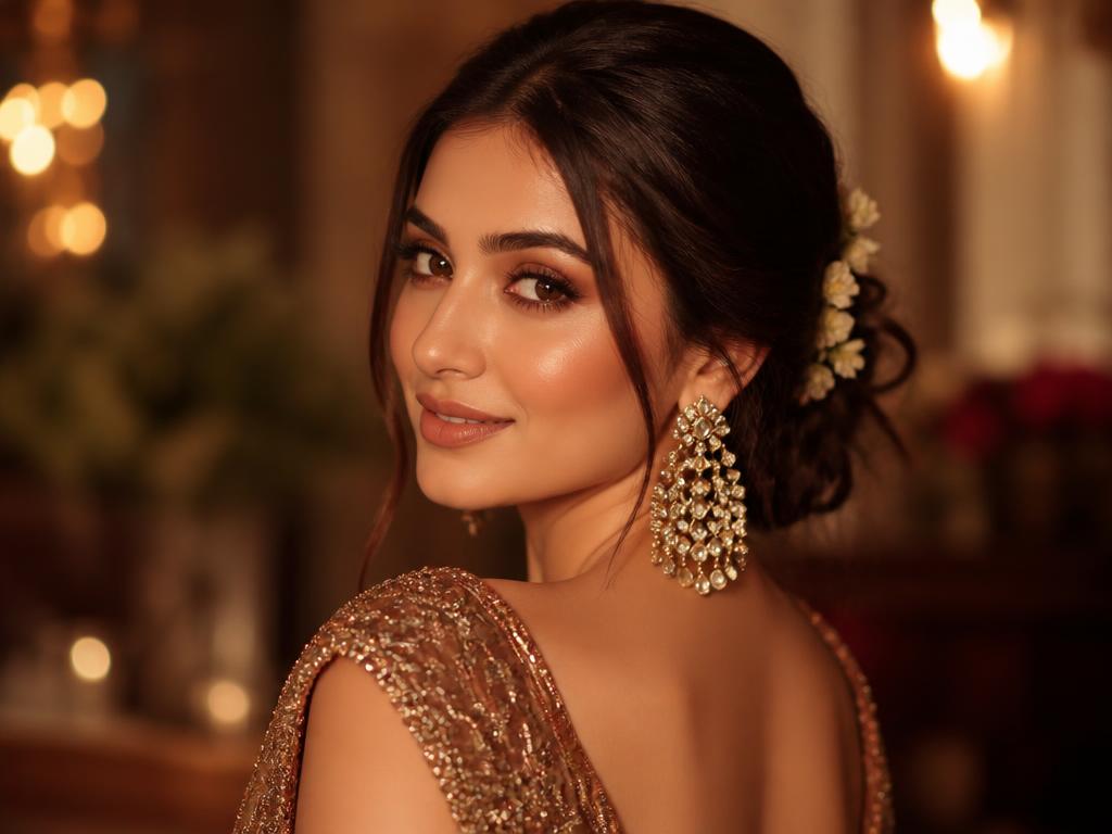 Elegant evening event makeup with statement earrings