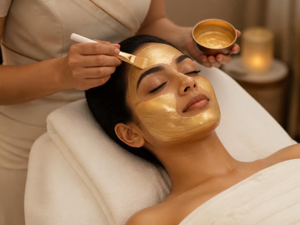Gold cream facial mask applied with a brush