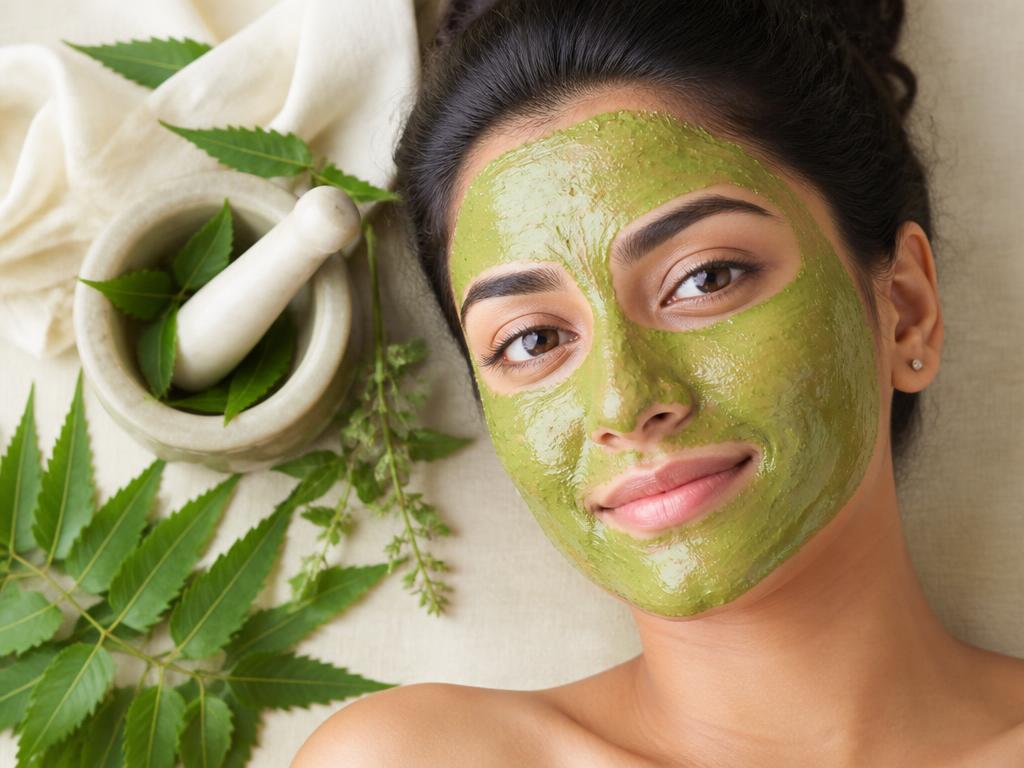 Green herbal leaf mask applied to the face