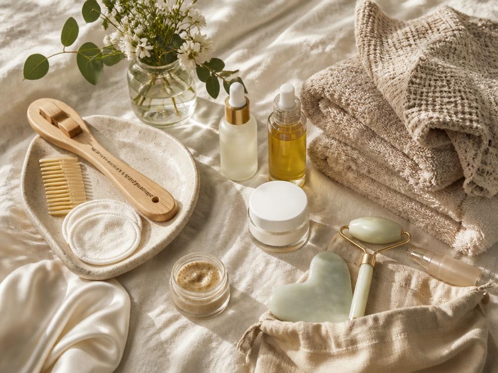 Premium at-home beauty kit arranged on ivory linen