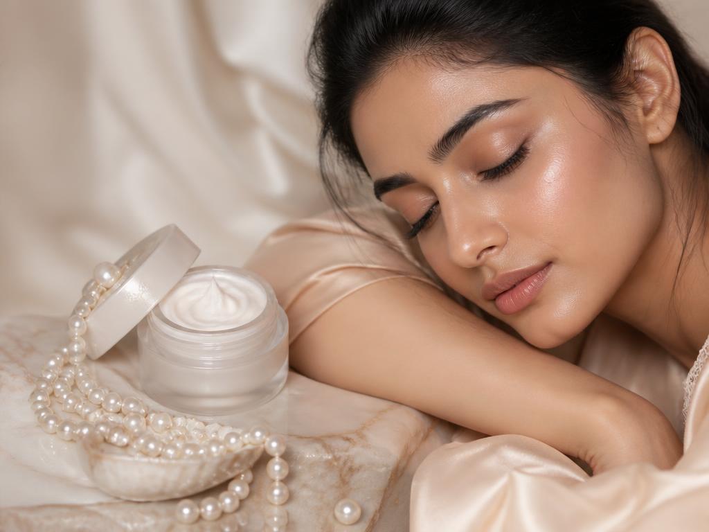Pearl facial cream beside strands of pearls