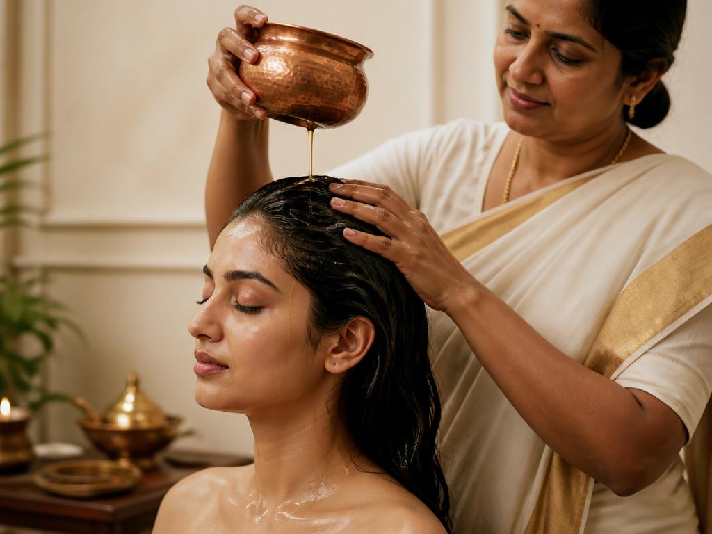 Warm oil head massage in a calm setting