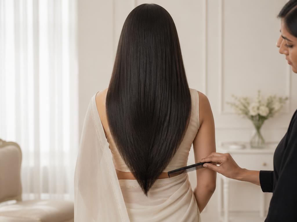 Long hair cut into a pointed V shape