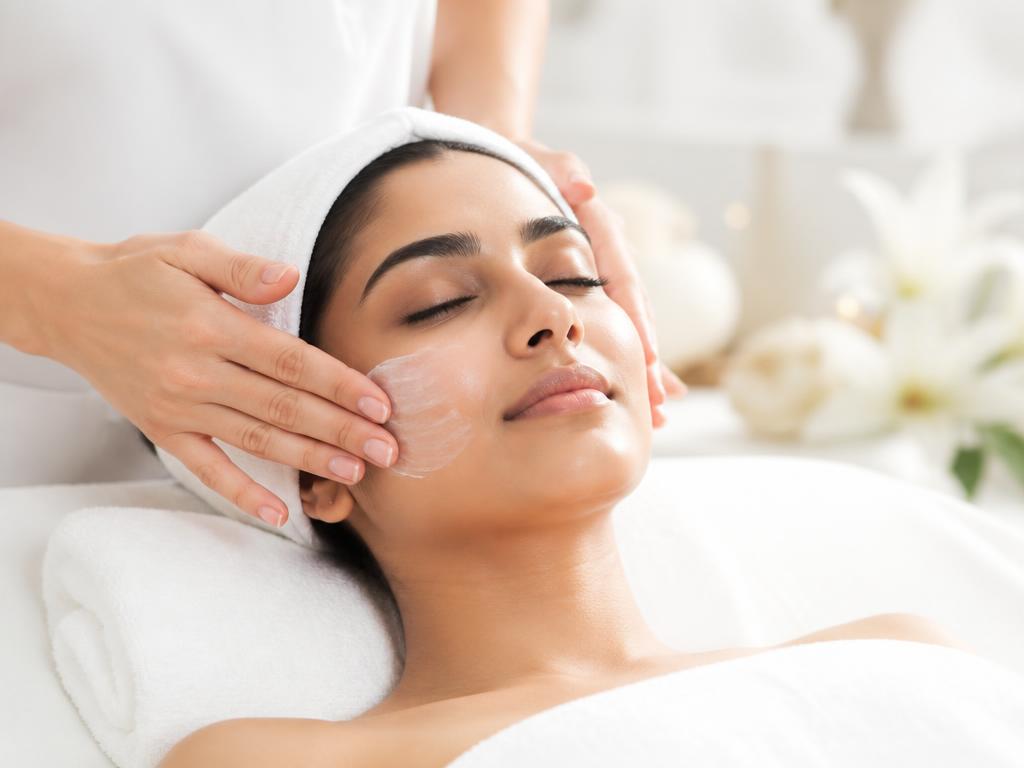 Brightening facial cream massaged into the cheek
